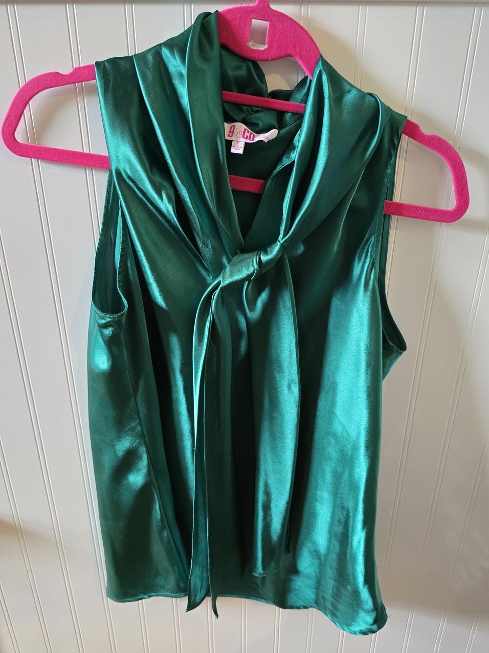 Sleeveless Green Satin Tie-Neck Blouse